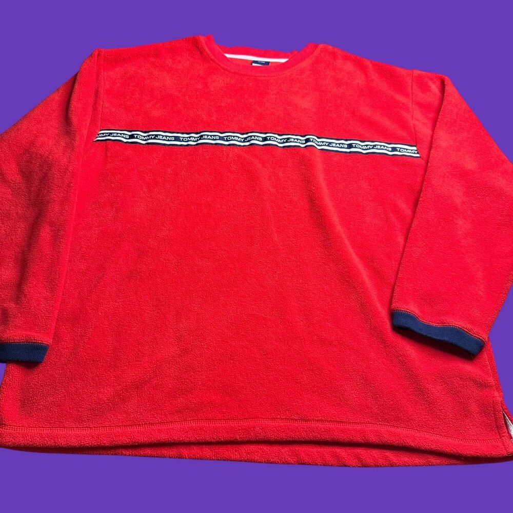Tommy Hilfiger Jeans Vtg Y2K Crewneck Mens Fleece Sweatshirt XL Red Stripe